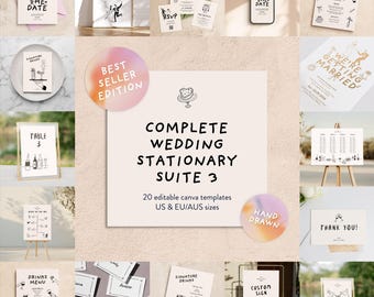 Hand-Drawn Wedding Stationery Suite: Illustrated Editable Printable Templates (Canva) On-the-day Bundle