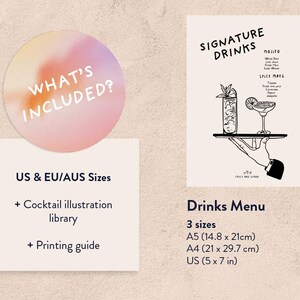 K&ouml;nnte beinhalten: Ein rosa-orangener Kreis im Aquarellstil mit dem Text "What's Included?"  Ein wei&szlig;es Rechteck mit dem Text "US & EU/AUS Sizes" und einer Liste der enthaltenen Elemente: Cocktail illustration library und Printing guide. Ein zweites wei&szlig;es Rechteck mit dem Text "Drinks Menu" und dem Text "3 Gr&ouml;&szlig;en" mit den Gr&ouml;&szlig;en A5 (14,8 x 21 cm), A4 (21 x 29,7 cm) und US (5 x 7 Zoll).