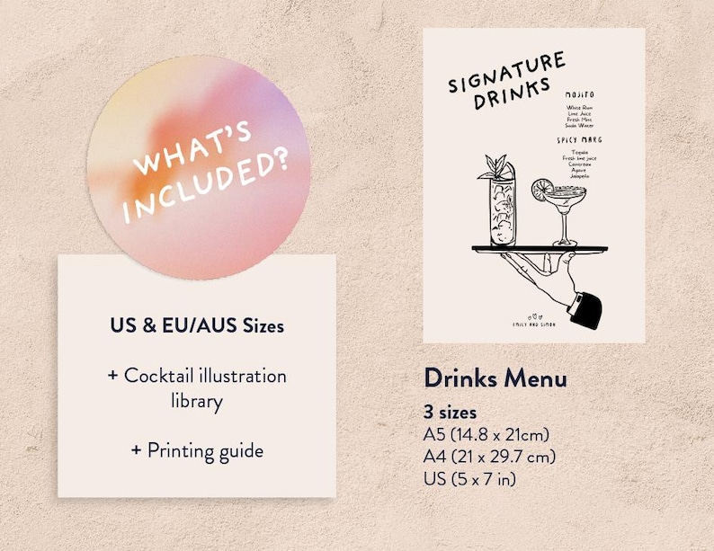 K&ouml;nnte beinhalten: Ein rosa-orangener Kreis im Aquarellstil mit dem Text "What's Included?"  Ein wei&szlig;es Rechteck mit dem Text "US & EU/AUS Sizes" und einer Liste der enthaltenen Elemente: Cocktail illustration library und Printing guide. Ein zweites wei&szlig;es Rechteck mit dem Text "Drinks Menu" und dem Text "3 Gr&ouml;&szlig;en" mit den Gr&ouml;&szlig;en A5 (14,8 x 21 cm), A4 (21 x 29,7 cm) und US (5 x 7 Zoll).