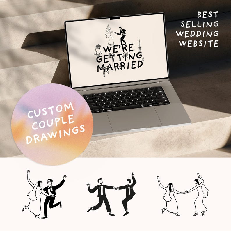 Puede incluir: Un port&aacute;til muestra en pantalla el texto WE'RE GETTING MARRIED y dibujos de l&iacute;neas negras de una pareja, un pastel y cintas. Un gr&aacute;fico circular dice CUSTOM COUPLE DRAWINGS. Debajo hay tres ilustraciones de l&iacute;neas negras de parejas bailando.