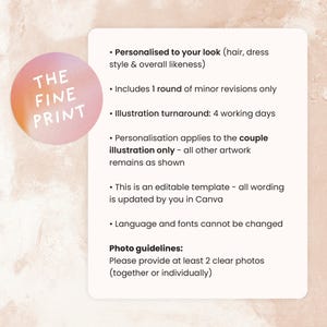 Puede incluir: Una tarjeta informativa rectangular blanca con texto negro titulada THE FINE PRINT en un c&iacute;rculo rosa y naranja. Detalla informaci&oacute;n sobre una ilustraci&oacute;n de pareja personalizada, incluyendo revisiones y edici&oacute;n en Canva.