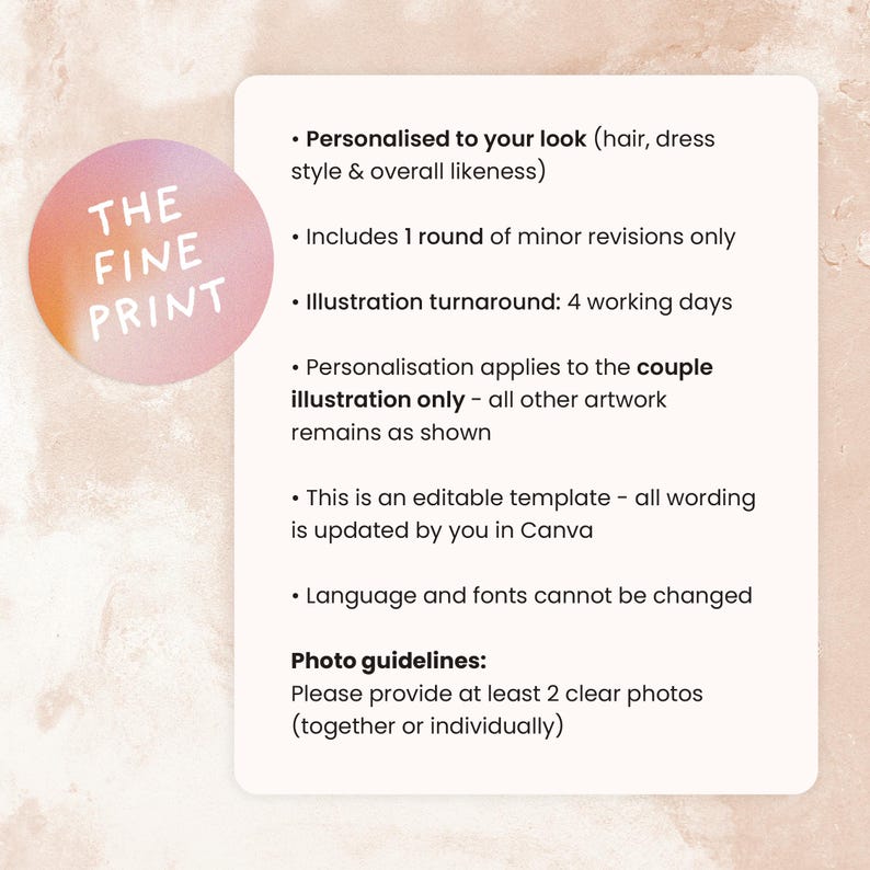 Puede incluir: Una tarjeta informativa rectangular blanca con texto negro titulada THE FINE PRINT en un c&iacute;rculo rosa y naranja. Detalla informaci&oacute;n sobre una ilustraci&oacute;n de pareja personalizada, incluyendo revisiones y edici&oacute;n en Canva.