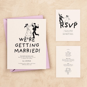 INVITATION DE MARIAGE Suite de modèles | Invitation amusante illustrée dessinée à la main | Modifiable recto-verso | Détails RSVP imprimables pour les mariés qui dansent
