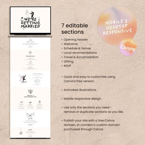 Puede incluir: Una plantilla de sitio web de bodas que se muestra en una computadora port&aacute;til con el texto "WE'RE GETTING MARRIED". El dise&ntilde;o incluye siete secciones editables, ilustraciones animadas y dise&ntilde;o adaptable a dispositivos m&oacute;viles. Personalizable con Canva.