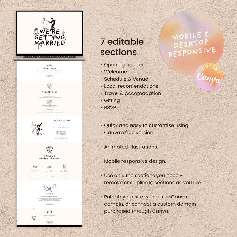 Puede incluir: Una plantilla de sitio web de bodas que se muestra en una computadora port&aacute;til con el texto "WE'RE GETTING MARRIED". El dise&ntilde;o incluye siete secciones editables, ilustraciones animadas y dise&ntilde;o adaptable a dispositivos m&oacute;viles. Personalizable con Canva.