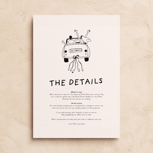 DETALLES DE LA BODA Plantilla / Invitación divertida ilustrada a mano / Tarjeta imprimible editable para auto de boda moderno / Cartelería para eventos imprimible