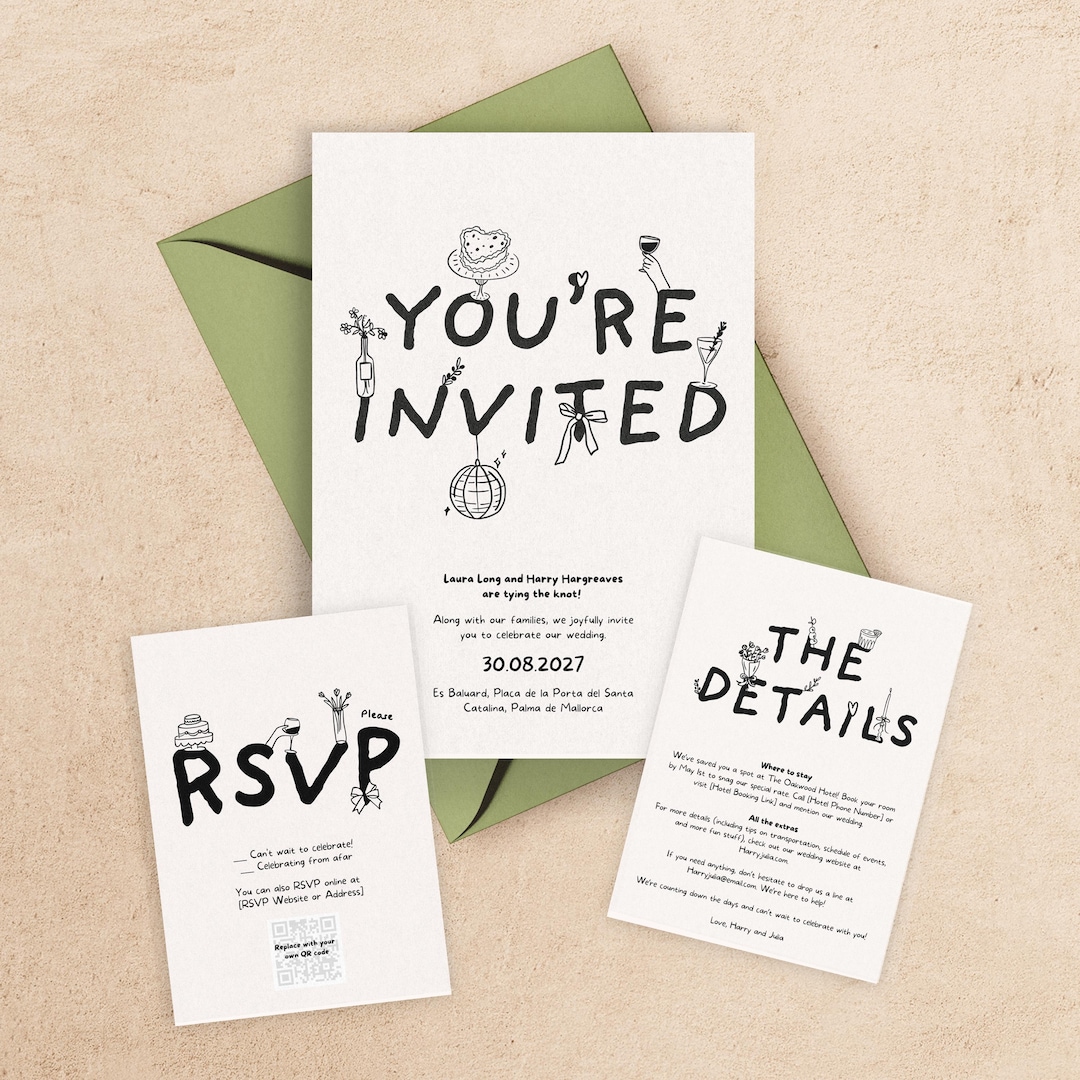 Hand-drawn Wedding Invitation Template Suite | Editable Illustrated ...