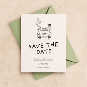 Modello SAVE THE DATE / Invito di nozze stampabile / Scarabocchio divertente disegnato a mano illustrato / Download digitale / Illustrazione dell'auto nuziale