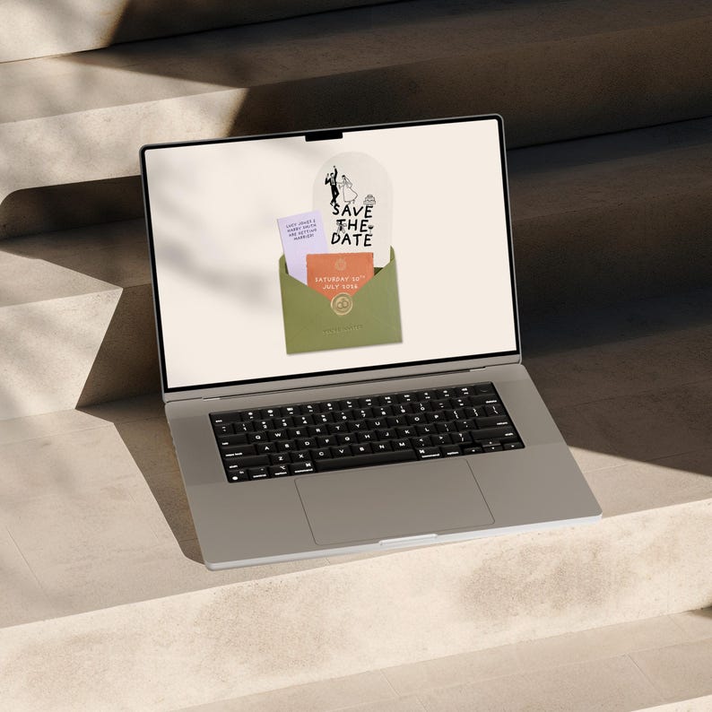 May include: A laptop displays a wedding invitation design. The design includes a stylized illustration of a couple, the words "SAVE THE DATE", and the date "SATURDAY 20TH JULY 2024". The invitation is in an olive green envelope.