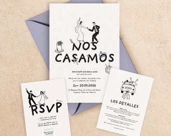 Spanish Illustrated Wedding Invitation Template | Hand Drawn, Double-Sided Translated (Canva Template)