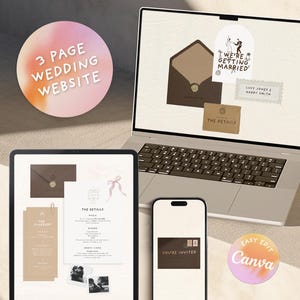 Puede incluir: Diseño de sitio web de boda digital que se muestra en una computadora portátil, tableta y teléfono inteligente. El diseño presenta un sobre marrón, detalles de la invitación y el texto "We're Getting Married". Un gráfico circular dice "3 Page Wedding Website."