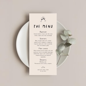 MENU + MODELO DE CARTÕES DE LUGAR | Decoração de mesa de casamento ilustrada e cartão de nome divertido desenhado à mão | Menu moderno para impressão | Jantar