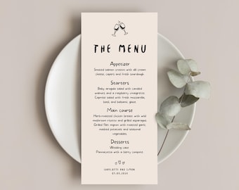 Plantilla ilustrada para tarjetas de mesa de menú de boda / Tarjetas de identificación dibujadas a mano en Canva (descarga digital)