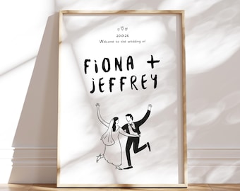 WELCOME SIGN Template | Hand drawn Fun Illustrated Signage | Printable Modern Wedding Design | Modern Bride + Groom Doodle Illustration