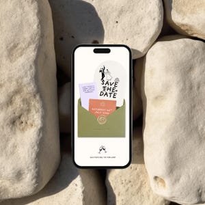 May include: A smartphone displays a wedding invitation design. The invitation features a "Save the Date" graphic with a bride and groom illustration, and a card with the date "Saturday 10th July 2026". The invitation is in a green envelope.
