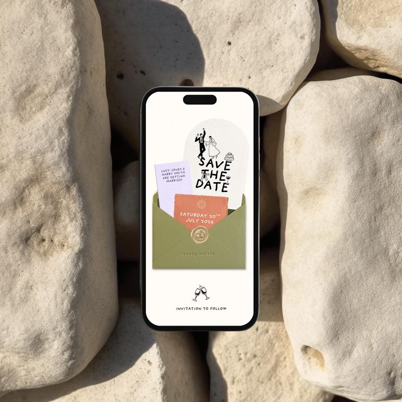 May include: A smartphone displays a wedding invitation design. The invitation features a "Save the Date" graphic with a bride and groom illustration, and a card with the date "Saturday 10th July 2026". The invitation is in a green envelope.