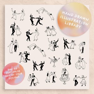 May include: A collection of hand-drawn illustrations of dancing couples in black and white. The image includes text that reads "Hand Drawn Illustration Library" and "Use to Customize Any of Your Designs."