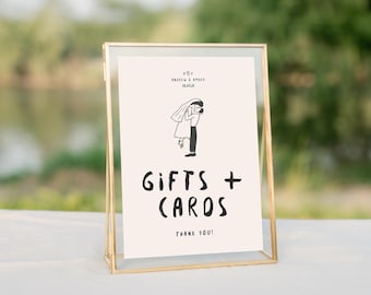 GIFT & CARDS SIGN template | hand drawn illustrated table signage | cute wedding | Bride + Groom kissing | handwritten | printable download