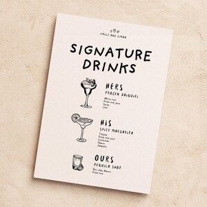 MENU DE COCKTAILS SIGNATURE Modèle | Plaque de mariage imprimable illustrée | Dessiné à la main modifiable | Menu du bar | Signalétique personnalisée manuscrite