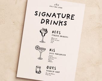 Illustrierte Signature Cocktail-Menü Vorlage: Handgezeichnetes Hochzeit Bar Schild (Digitaler Download)