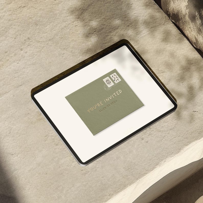 May include: A square, white invitation card with a dark brown border. A sage green envelope is centered on the card, with the words "YOU'RE INVITED" and "CLICK TO OPEN" printed on it. Two postage stamps are in the upper left corner.