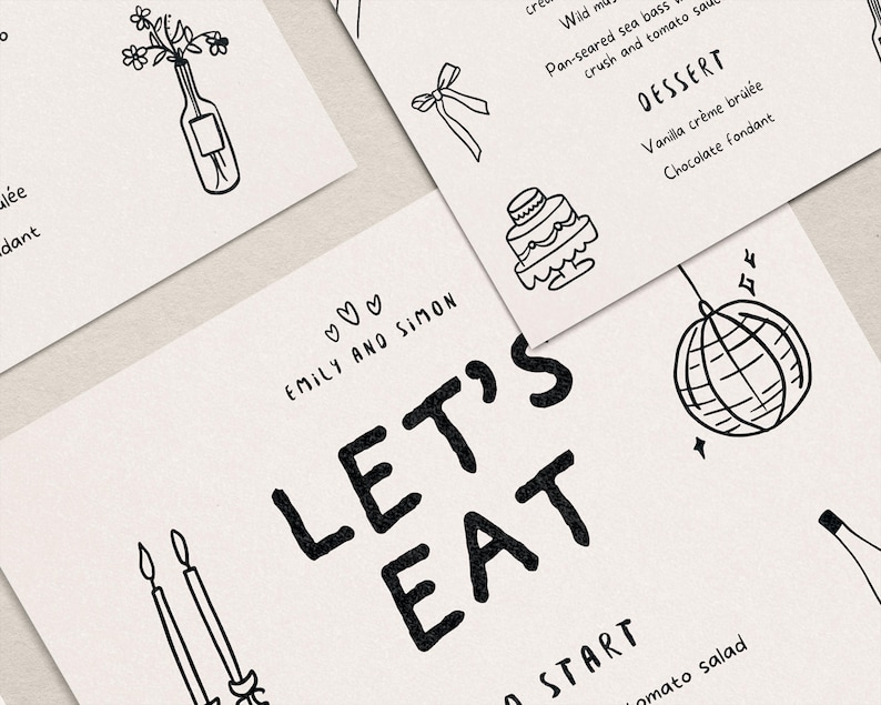 Menú ilustrado + Plantilla de tarjetas de mesa / Decoración de mesa imprimible dibujada a mano para bodas o fiestas de cumpleaños imagen 4