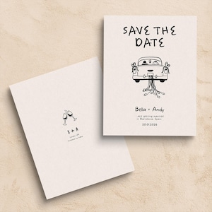 SAVE THE DATE Vorlage | Druckbare Hochzeitseinladung | Hand Gezeichnet Spaß Gekritzel Illustriert | Digitaler Download | Hochzeitsauto Illustration