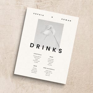 Modello di MENU BEVANDE / Cartello stampabile per cocktail di nozze / Carta dei vini minimalista classica e senza tempo / Cena per eventi / Menù bar con foto elegante