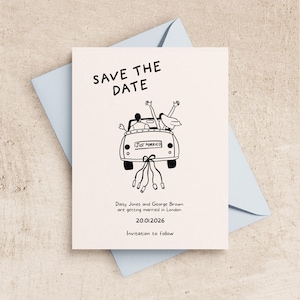 Plantilla para guardar la fecha / Invitación de boda imprimible / Ilustración con garabatos divertidos dibujados a mano / Descarga digital / Ilustración de coche de boda