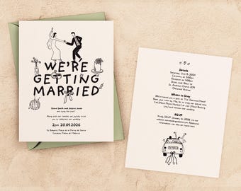 Wedding Invitation Template, Hand Drawn Illustrated Fun Invite, Double Sided Editable Modern Handwritten RSVP