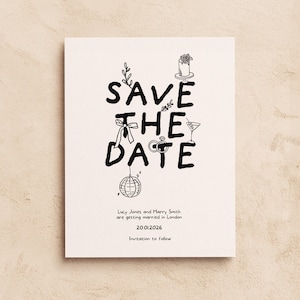 SAVE THE DATE Vorlage | Druckbare Hochzeitseinladung | Handgezeichnetes Gekritzel Illustriert | Digitaler Download | Niedliche Unikat Illustration