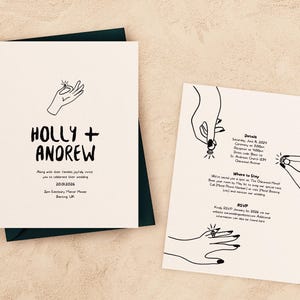 May include: A wedding invitation with a minimalist design featuring a black and white illustration of hands holding a ring. The invitation includes the couple's names, "Holly + Andrew", the wedding date, "20.02.2026", and the location, "202 Leconfield Manor House,  Barning, UK". The back of the invitation includes details about the wedding ceremony, reception, and where to stay.