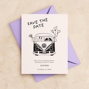 SAVE THE DATE Vorlage | Druckbare Hochzeitseinladung | Handgezeichnetes Gekritzel Illustriert | Digitaler Download | Volkswagen vw van Illustration