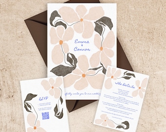 May include: Wedding invitation suite featuring floral illustrations in peach, gray, and orange. The main card displays the names "Emma & Connor" in blue script. Additional cards include RSVP and details, all with matching floral designs and text.