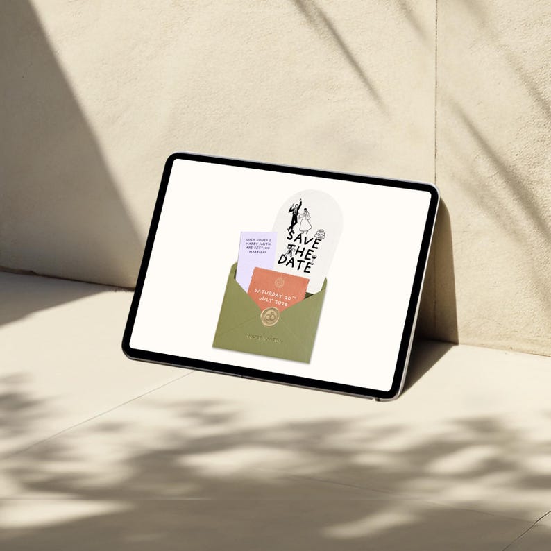 May include: A digital tablet displays wedding stationery, including a 'Save the Date' card with a couple silhouette, and invitation cards in a green envelope. The cards have text and a minimalist design, suggesting a wedding theme.