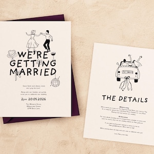 WEDDING INVITATION Template | Hand drawn Illustrated Fun Invite | Double Sided Editable | Modern Wedding Car Printable Invite & Details