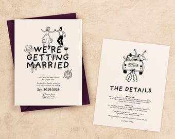 WEDDING INVITATION Template | Hand drawn Illustrated Fun Invite | Double Sided Editable | Modern Wedding Car Printable Invite & Details