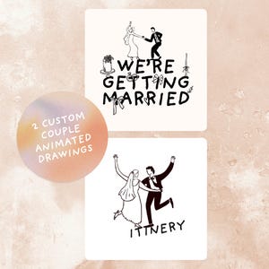 Puede incluir: Dos tarjetas cuadradas blancas con dibujos lineales negros con tem&aacute;tica de boda. Una tarjeta dice "We're Getting Married" con ilustraciones. La otra tarjeta dice "Itinerary" con un dibujo de una pareja bailando. Una pegatina redonda dice "2 Custom Couple Animated Drawings".