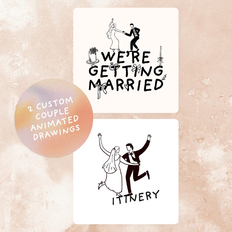 Puede incluir: Dos tarjetas cuadradas blancas con dibujos lineales negros con tem&aacute;tica de boda. Una tarjeta dice "We're Getting Married" con ilustraciones. La otra tarjeta dice "Itinerary" con un dibujo de una pareja bailando. Una pegatina redonda dice "2 Custom Couple Animated Drawings".