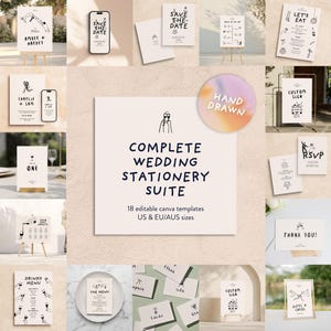 WEDDING BUNDLE Template Suite | Hand drawn Illustrated Fun Invite Signage | Editable Printable | Handwritten scribble Illustration