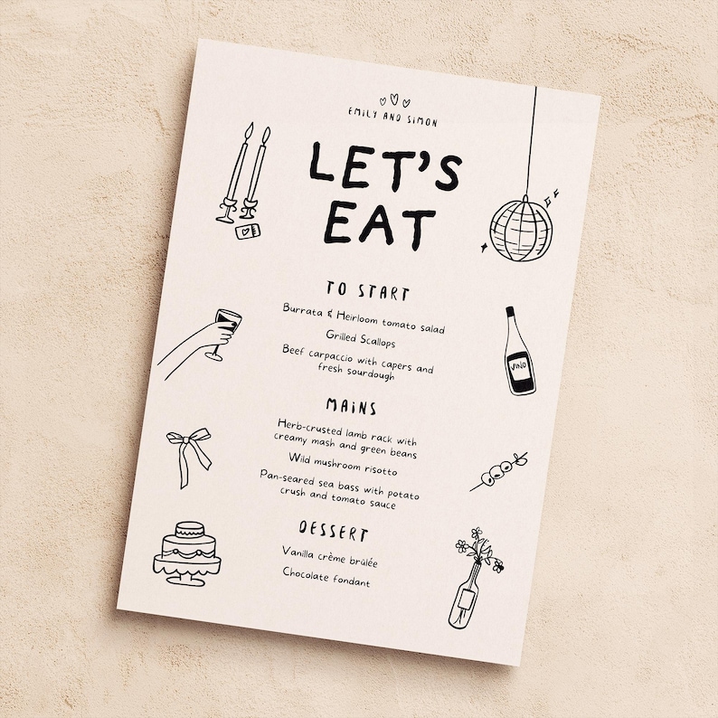 Menú ilustrado + Plantilla de tarjetas de mesa / Decoración de mesa imprimible dibujada a mano para bodas o fiestas de cumpleaños imagen 5