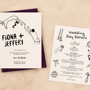 May include: A black and white wedding invitation with a whimsical illustration of a couple. The invitation includes the couple's names, Fiona and Jeffery, the date and time of the wedding, and the location. The back of the invitation includes details about the wedding ceremony, reception, and other information.
