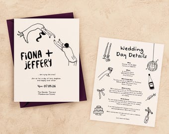 Illustrierte Hochzeitseinladung - Vorlage für Hochzeitseinladungen : Handgezeichnet, Doppelseitig (Digitaler Download)