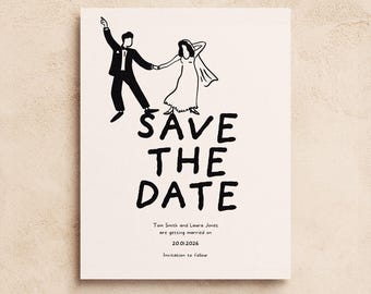 Illustrated Wedding Save The Date Template, Hand Drawn Double Sided Editable (Digital Download)