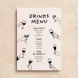 Sjabloon DRANKMENU | Afdrukbaar bord met bruiloftcocktail | Handgetekende doodle geïllustreerde wijnkaart | Evenement Etentje | Handgeschreven barmenu