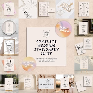 May include: A complete wedding stationery suite with 18 editable Canva templates in US and EU/AUS sizes. The suite includes a save the date card, invitation, RSVP card, details card, menu, seating chart, thank you card, and more. The design features a hand-drawn illustration of a couple.