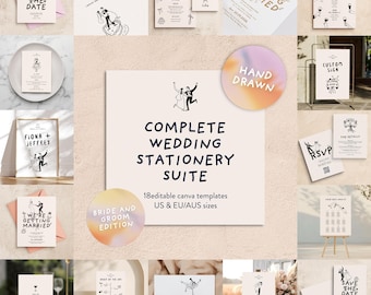 Illustrated Wedding Stationery Bundle - Bride and Groom | Hand drawn Canva Editable Signage Templates