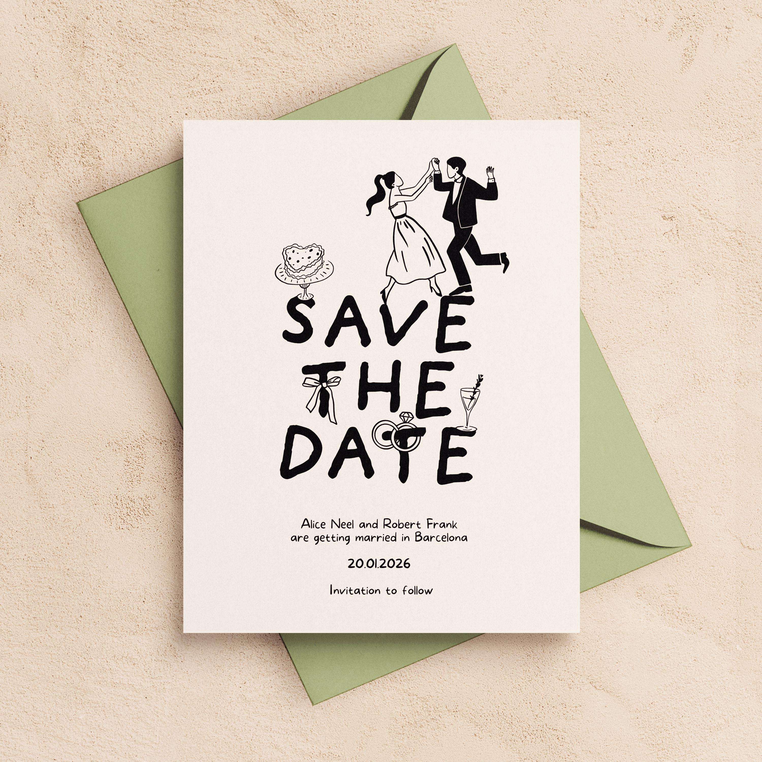 SAVE THE DATE Template | Printable Wedding Invitation | Hand Drawn Scribble Illustrated Digital Download | Dancing Bride Groom Illustration