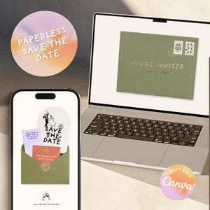 May include: A digital wedding invitation design displayed on a laptop and smartphone. The laptop screen shows a green envelope with the text "YOU'RE INVITED". The smartphone displays a wedding invitation with the text "SAVE THE DATE". A circular graphic reads "PAPERLESS SAVE THE DATE".