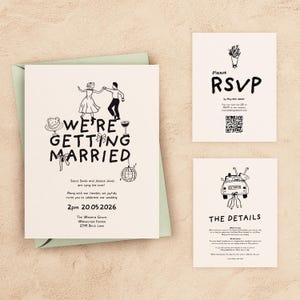 HOCHZEITSEINLADUNG Set | Hand gezeichnete illustrierte Spaß einladen Vorlage | Doppelseitig bearbeitbar | Tanzende Braut + Bräutigam zum Ausdrucken